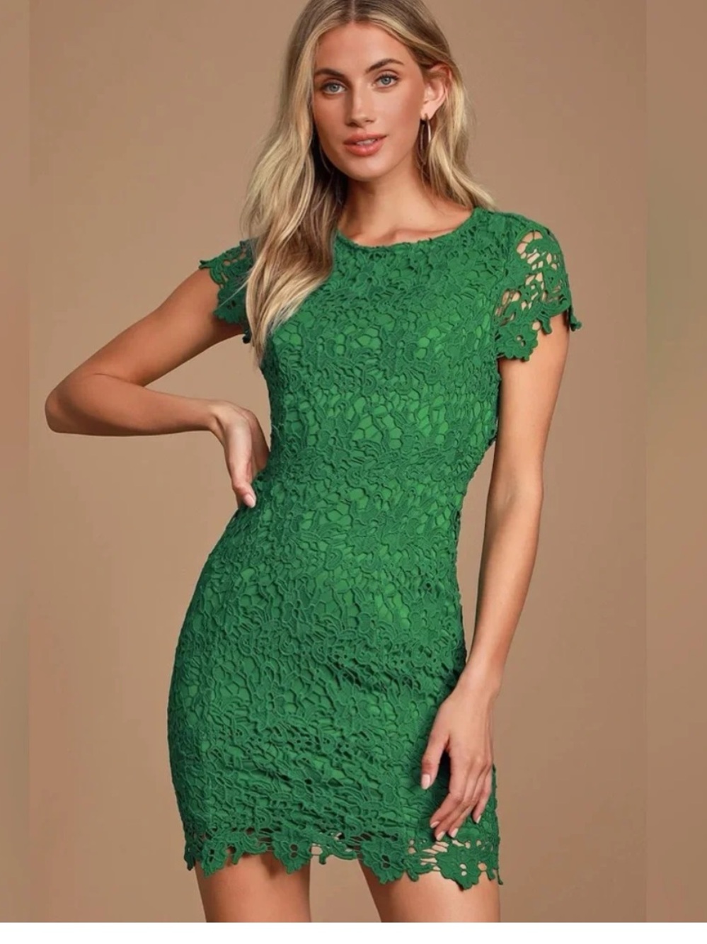Lulu's Emerald Green Lace Short Sleeve Backless Mini Dress Large
